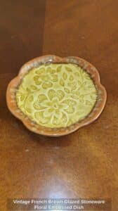 Vintage-French-Brown-Glazed-Stoneware-Floral-Embossed-Dish