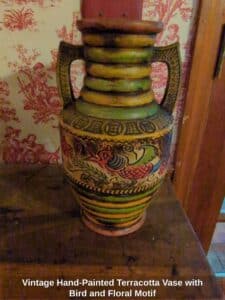Vintage-Hand-Painted-Terracotta-Vase-with-Bird-and-Floral-Motif