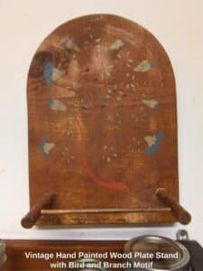 Vintage-Hand-Painted-Wood-Plate-Stand-with-Bird-and-Branch-Motif