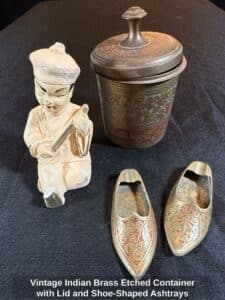 Vintage-Indian-Brass-Etched-Container-with-Lid-and-Shoe-Shaped-Ashtrays