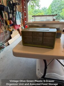Vintage-Olive-Green-Plastic-Drawer-Organizer-Unit-and-Assorted-Food-Storage-Containers