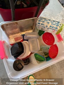 Vintage-Olive-Green-Plastic-Drawer-Organizer-Unit-and-Assorted-Food-Storage-Containers-second-image