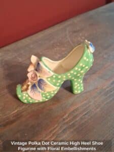 Vintage-Polka-Dot-Ceramic-High-Heel-Shoe-Figurine-with-Floral-Embellishments