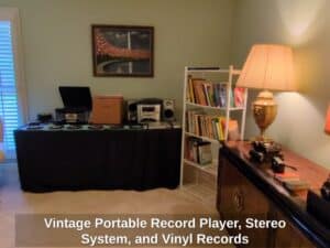 Vintage-Portable-Record-Player-Stereo-System-and-Vinyl-Records