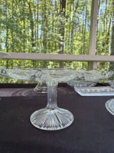 Vintage-Pressed-Glass-Cake-Stand-with-Embossed-Floral-and-Beaded-Pattern