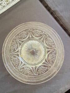 Vintage-Pressed-Glass-Cake-Stand-with-Embossed-Floral-and-Beaded-Pattern-second-image