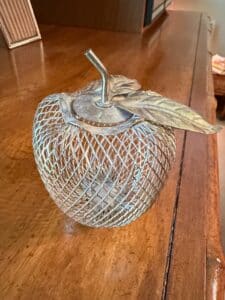 Vintage-Silver-Metal-Apple-Basket-with-Leaf-Accent