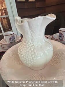 White-Ceramic-Pitcher-and-Bowl-Set-with-Grape-and-Leaf-Motif-second-image