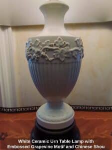 White-Ceramic-Urn-Table-Lamp-with-Embossed-Grapevine-Motif-and-Chinese-Shou-Finial-second-image