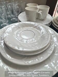 White-Embossed-Leaf-Pattern-Ceramic-Dinnerware-Set-with-Glass-Tumblers