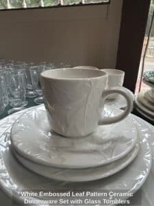 White-Embossed-Leaf-Pattern-Ceramic-Dinnerware-Set-with-Glass-Tumblers-fifth-image