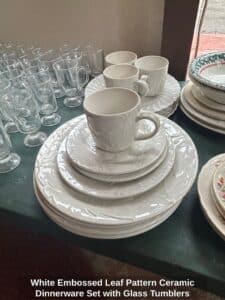 White-Embossed-Leaf-Pattern-Ceramic-Dinnerware-Set-with-Glass-Tumblers-fourth-image