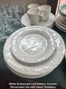 White-Embossed-Leaf-Pattern-Ceramic-Dinnerware-Set-with-Glass-Tumblers-second-image
