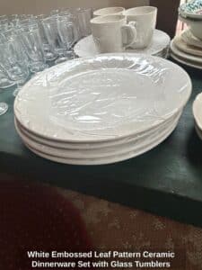 White-Embossed-Leaf-Pattern-Ceramic-Dinnerware-Set-with-Glass-Tumblers-third-image