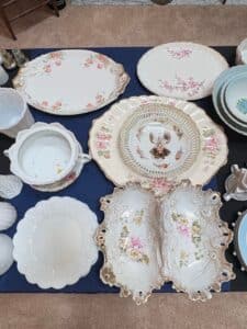 Assorted-Vintage-Floral-Dinnerware-and-Ruby-or-Amber-Glassware-Set