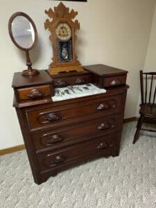 Victorian-Walnut-Bachelors-Chest-with-Marble-Insert-and-Clock