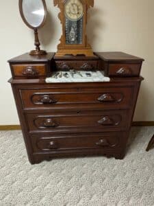 Victorian-Walnut-Bachelors-Chest-with-Marble-Insert-and-Clock-second-image