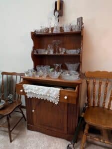 Vintage-Maple-Hutch-with-Assorted-Glassware
