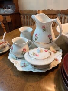 Vintage-Pink-Rose-Pattern-Pitcher-and-Basin-Set-with-Lidded-Dish-and-Vase-second-image