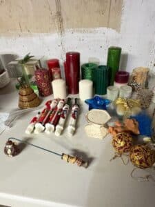 Assorted-Christmas-Candles-and-Ornaments-including-Troll-Doll-and-Snowman-Lighter