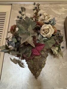 Gilt-Metal-Wall-Sconce-with-Artificial-Floral-Arrangement