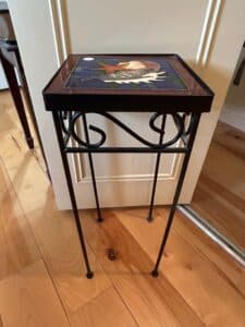 Vintage-Wrought-Iron-Plant-Stand-with-Hand-Painted-Ceramic-Tile-Top