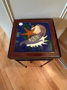 Vintage-Wrought-Iron-Plant-Stand-with-Hand-Painted-Ceramic-Tile-Top-second-image