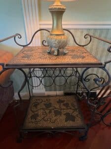 Wrought-Iron-Two-Tier-Side-Table-with-Mosaic-Top-and-Lamp-second-image