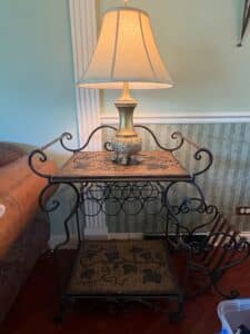 Wrought-Iron-Two-Tier-Side-Table-with-Mosaic-Top-and-Lamp-third-image