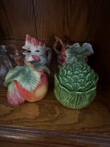 Vintage-Majolica-Style-Rooster-Pitcher-and-Artichoke-Lidded-Dish-Set