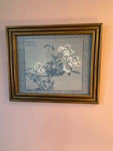 Vintage-Pair-of-Chinoiserie-Silk-Paintings-with-Birds-and-Flowers-in-Faux-Bamboo-Frames