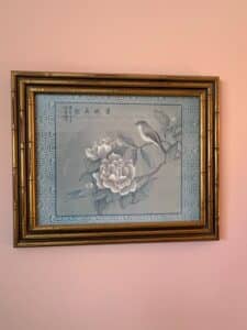 Vintage-Pair-of-Chinoiserie-Silk-Paintings-with-Birds-and-Flowers-in-Faux-Bamboo-Frames-second-image