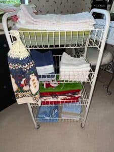 White-Tier-Wire-Rolling-Utility-Cart-with-Assorted-Linens