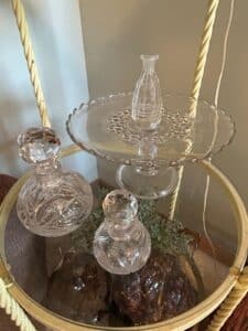 Cut-Crystal-Perfume-Bottles-and-Pedestal-Cake-Stand-with-Starburst-and-Fan-Patterns