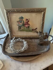 Victorian-Children-A-Trip-to-Town-by-Stage-Coach-Framed-Print-and-Silver-Plated-Tray-with-Bird-Figurine