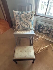 Vintage-Cane-Seat-Step-Stool-with-Floral-Upholstered-Footstool-and-Paisley-Pillow