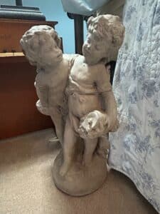 Vintage-Concrete-Garden-Statue-of-Two-Cherubs-Holding-a-Basket