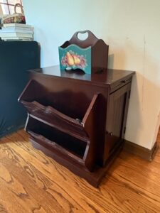 Vintage-Wooden-Magazine-Rack-with-Cabinet-and-Hand-Painted-Caddy