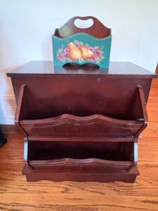 Vintage-Wooden-Magazine-Rack-with-Cabinet-and-Hand-Painted-Caddy-second-image