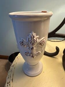White-Ceramic-Vase-with-Fleur-de-lis-Motif-by-E.O.-Brody