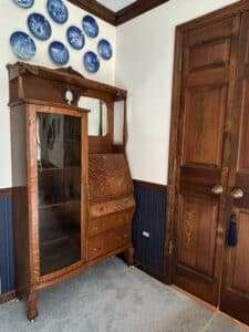 Antique-Victorian-Carved-Tiger-Oak-Side-by-Side-Bookcase-with-Drop-Front-Secretary-Desk-Circa