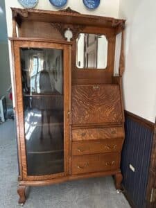 Antique-Victorian-Carved-Tiger-Oak-Side-by-Side-Secretary-Desk-and-China-Cabinet