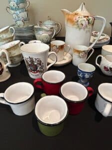 Assorted-Vintage-Porcelain-and-Enamelware-Collection-with-Commemorative-Mug