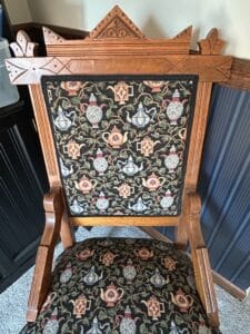 Victorian-Style-Oak-Accent-Chair-with-Teapot-Tapestry-Upholstery-second-image