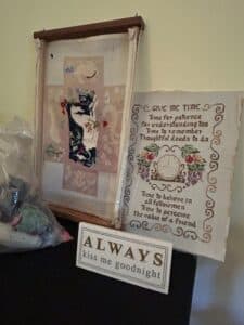 Vintage-Cross-Stitch-Lot-Give-Me-Time-Sampler-Unfinished-Project-Scroll-Frame-and-Always-Kiss-Me-Goodnight-Sign