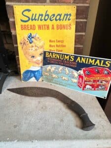 Vintage-Decorative-Kukri-Knife-with-Sunbeam-Bread-and-Barnums-Animals-Advertising-Signs