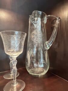Vintage-Etched-Floral-Glass-Pitcher-and-Stemware-Set