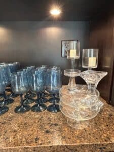Vintage-Libbey-Dusky-Blue-Wine-Glasses-and-Clear-Glass-Pedestal-Candle-Holders