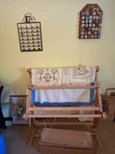 Vintage-Wooden-Floor-Standing-Needlework-Scroll-Frame-with-Embroidered-Panels