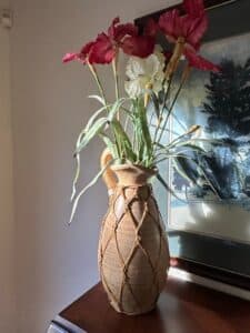 Vintage-Studio-Pottery-Vase-with-Rattan-Overlay